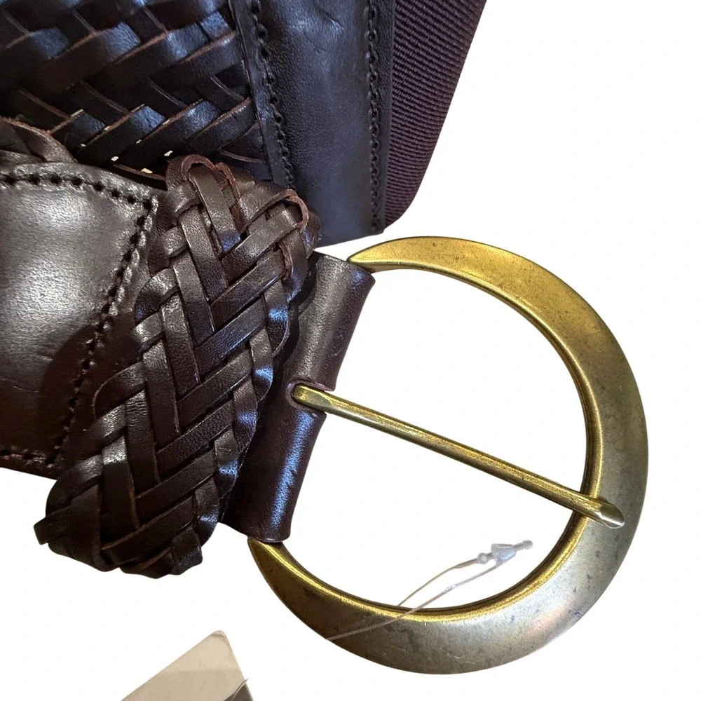 Anthropologie‎ Woven Leather Elastic Waist Belt Brown Gold Buckle XS/S New